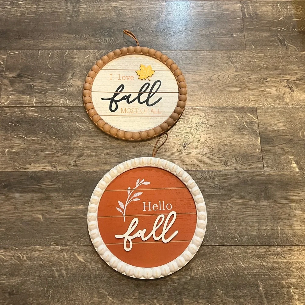 2 Round Wooden Fall Themed Signs NEW